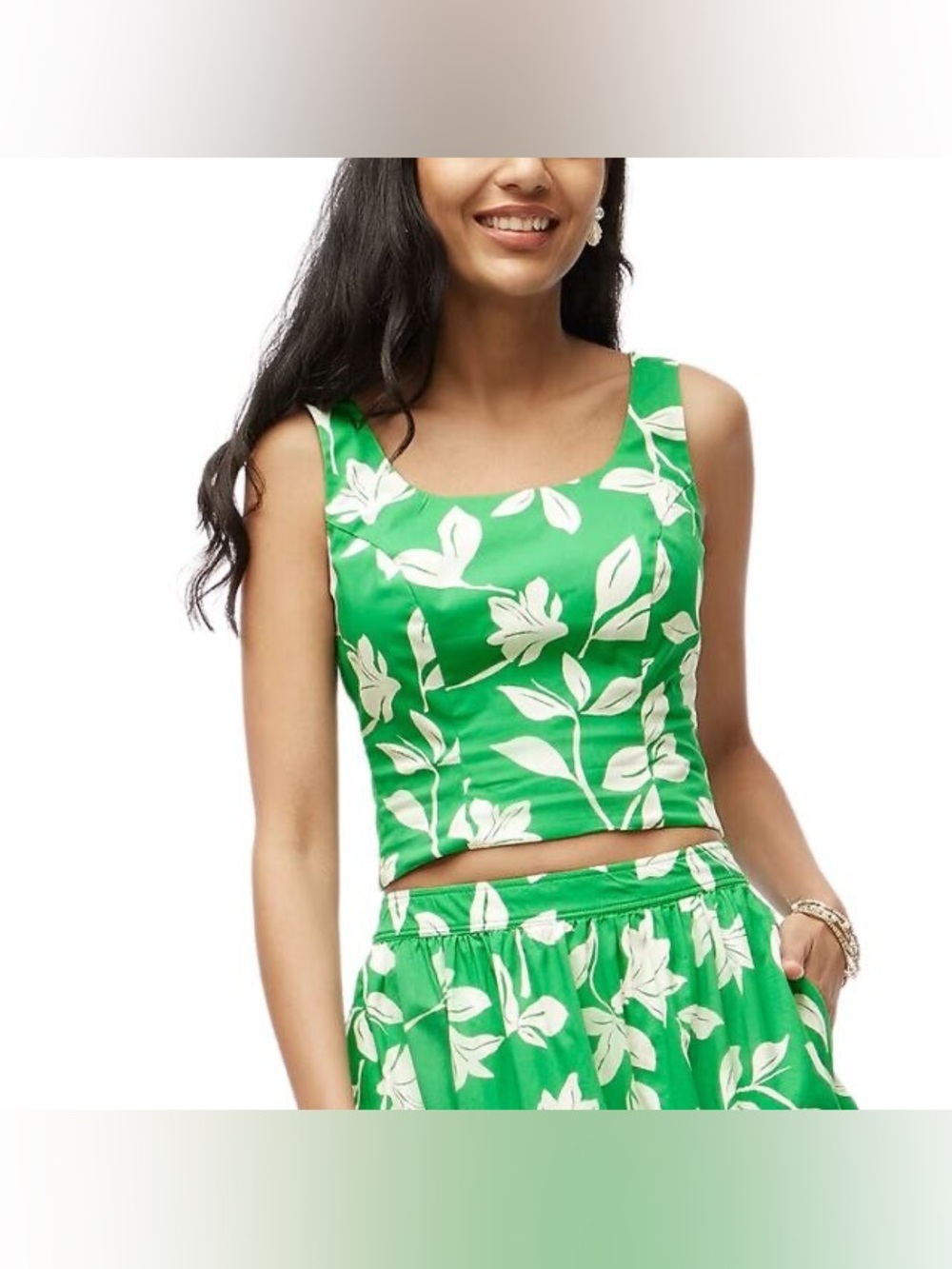 J Crew Smocked-Back Cropped Tank in Green Floral